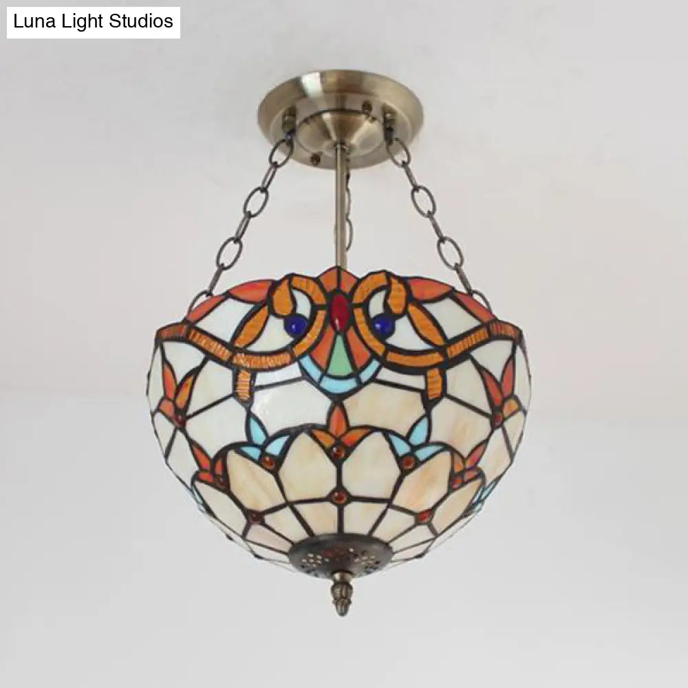 Victorian Style Beige Stained Glass Chandelier For Foyer Ceiling Lighting