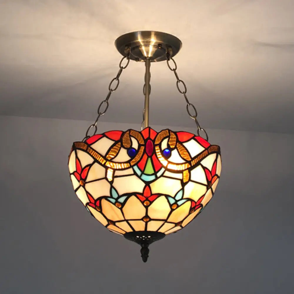 Victorian Style Beige Stained Glass Chandelier For Foyer Ceiling Lighting