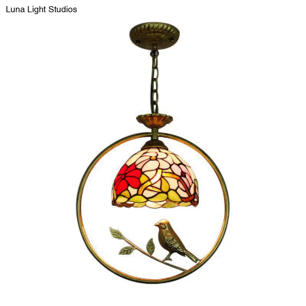 Victorian Style Domed Pendant Ceiling Light With Stainless Glass Brass Ring And Bird Accent