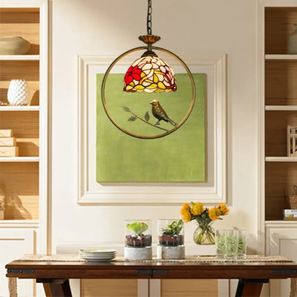 Victorian Style Domed Pendant Ceiling Light With Stainless Glass Brass Ring And Bird Accent