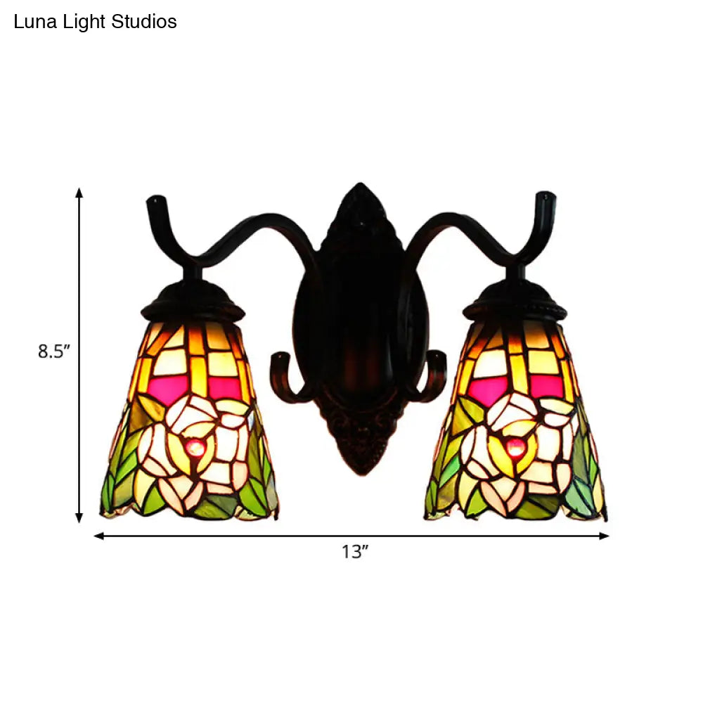 Victorian Style Floral Wall Mount Sconce Light Fixture With Stained Glass 2 Heads - Black