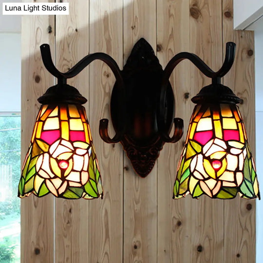 Victorian Style Floral Wall Mount Sconce Light Fixture With Stained Glass 2 Heads - Black