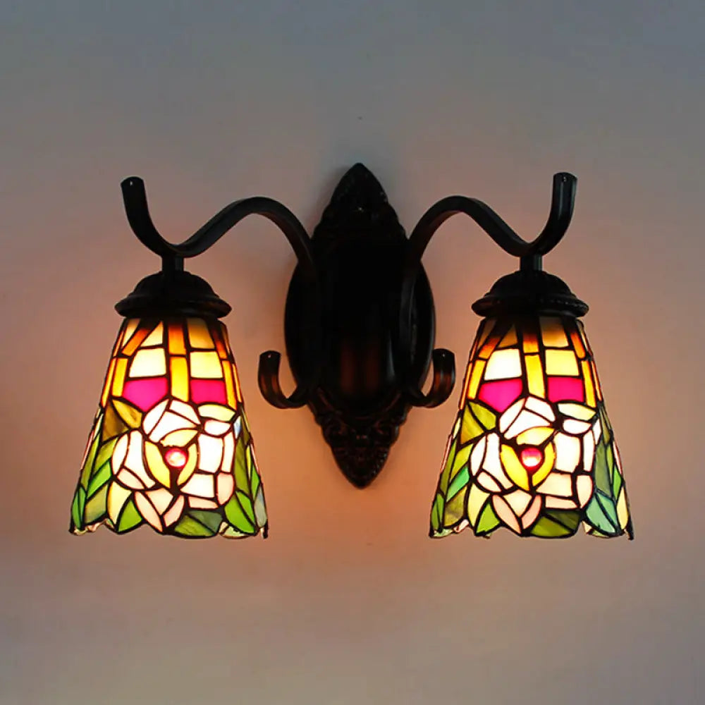 Victorian Style Floral Wall Mount Sconce Light Fixture With Stained Glass 2 Heads - Black