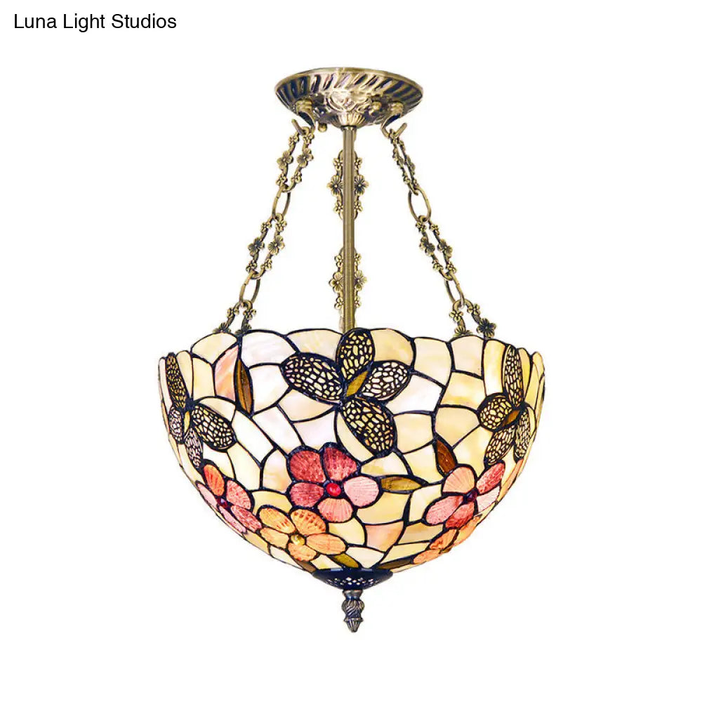 Victorian Style Flower Semi Mount Lighting - Antique Brass Flush Ceiling Fixture With 3 Lights And