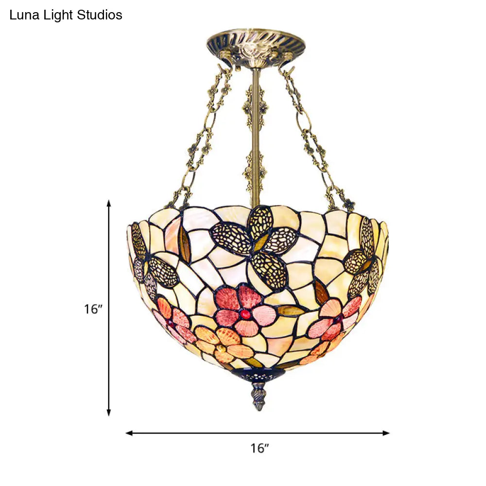Victorian Style Flower Semi Mount Lighting - Antique Brass Flush Ceiling Fixture With 3 Lights And