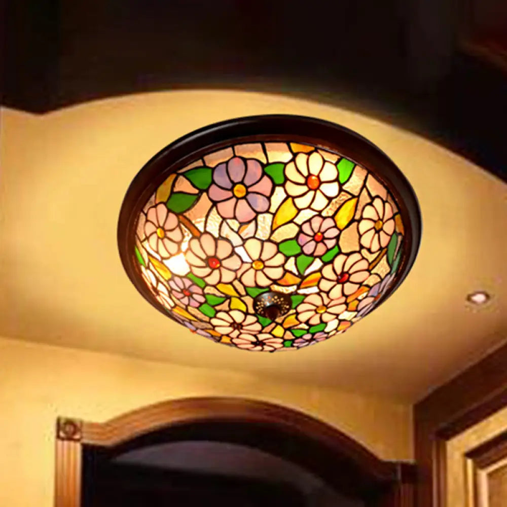 Victorian Style Led Stained Glass Ceiling Light In Coffee - Flush - Mount Fixture