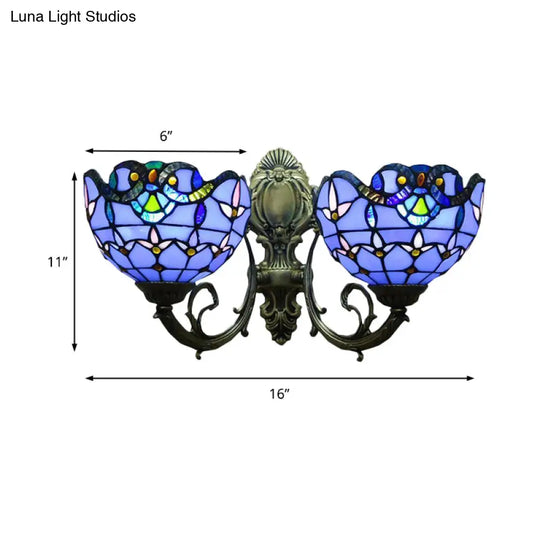 Victorian Style Stained Glass Bowl Wall Lighting - Antique Bronze 2-Head Indoor Mount Light