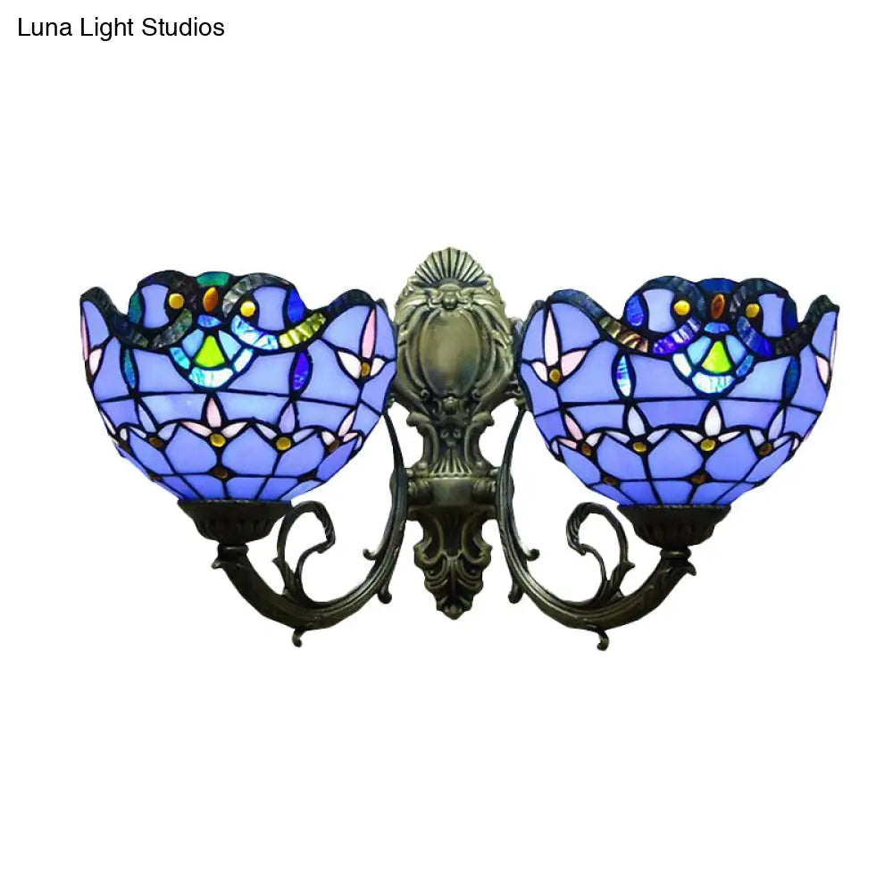 Victorian Style Stained Glass Bowl Wall Lighting - Antique Bronze 2-Head Indoor Mount Light