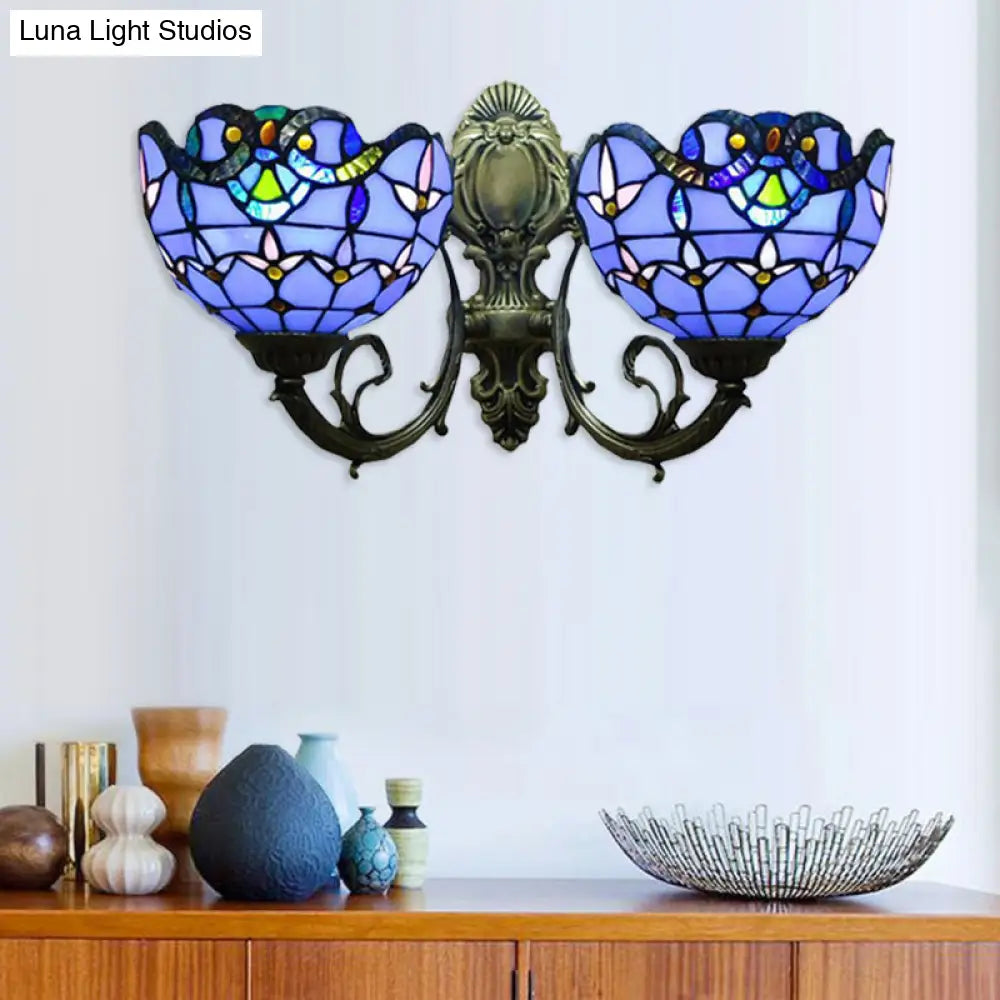 Victorian Style Stained Glass Bowl Wall Lighting - Antique Bronze 2-Head Indoor Mount Light