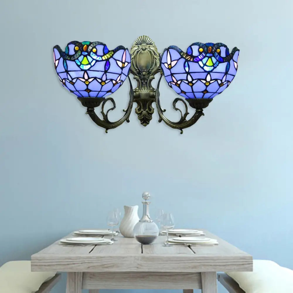 Victorian Style Stained Glass Bowl Wall Lighting - Antique Bronze 2-Head Indoor Mount Light Blue