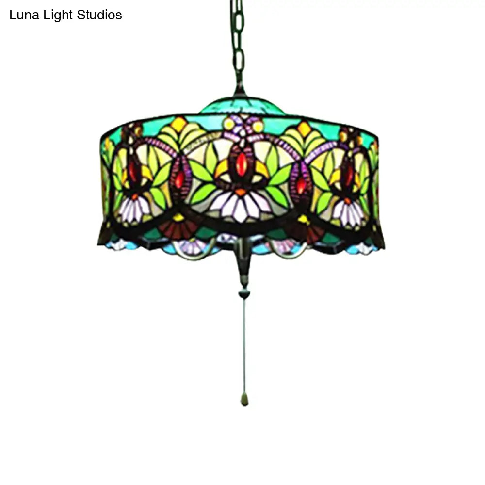 Victorian-Style Stained Glass Drum Pendant Light For Living Room - 18’ W