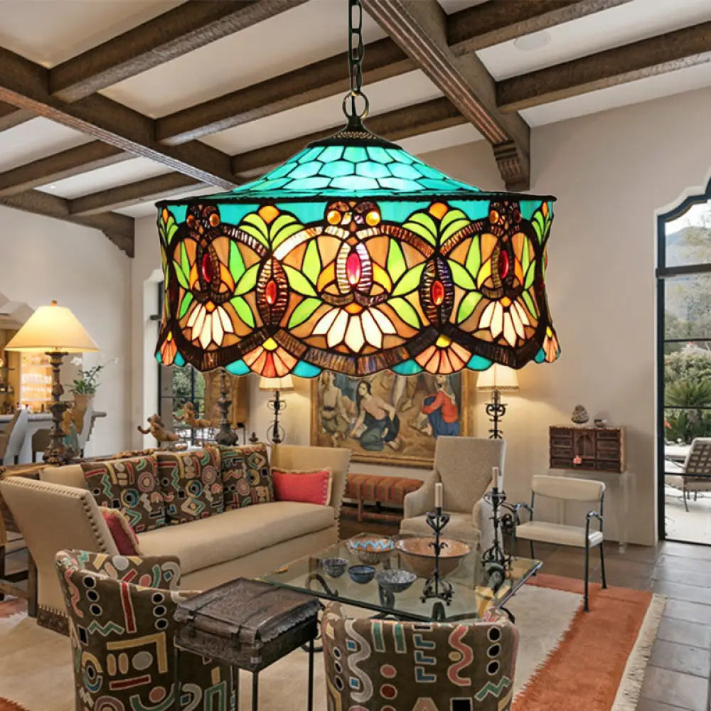 Victorian-Style Stained Glass Drum Pendant Light For Living Room - 18’ W Aqua / Without Pull Chain