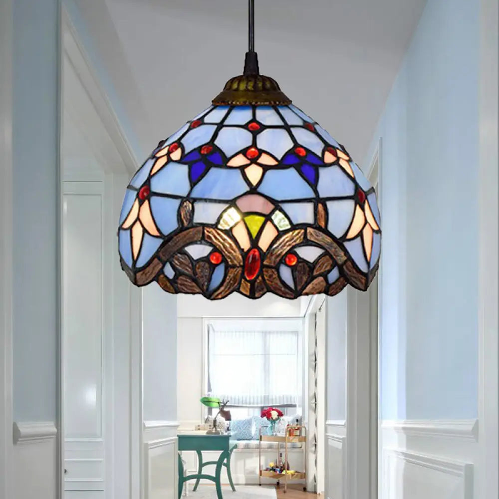 Victorian Style Stained Glass Suspension Light - Aged Bronze Finish Blue
