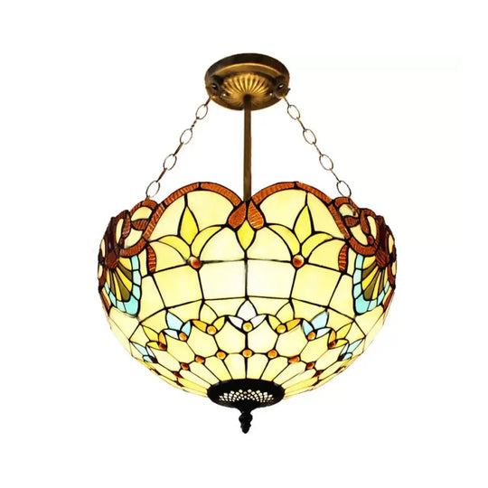 Victorian Style Upward Dome Led Ceiling Light With Stained Glass Shade For Bedroom Beige / 12’