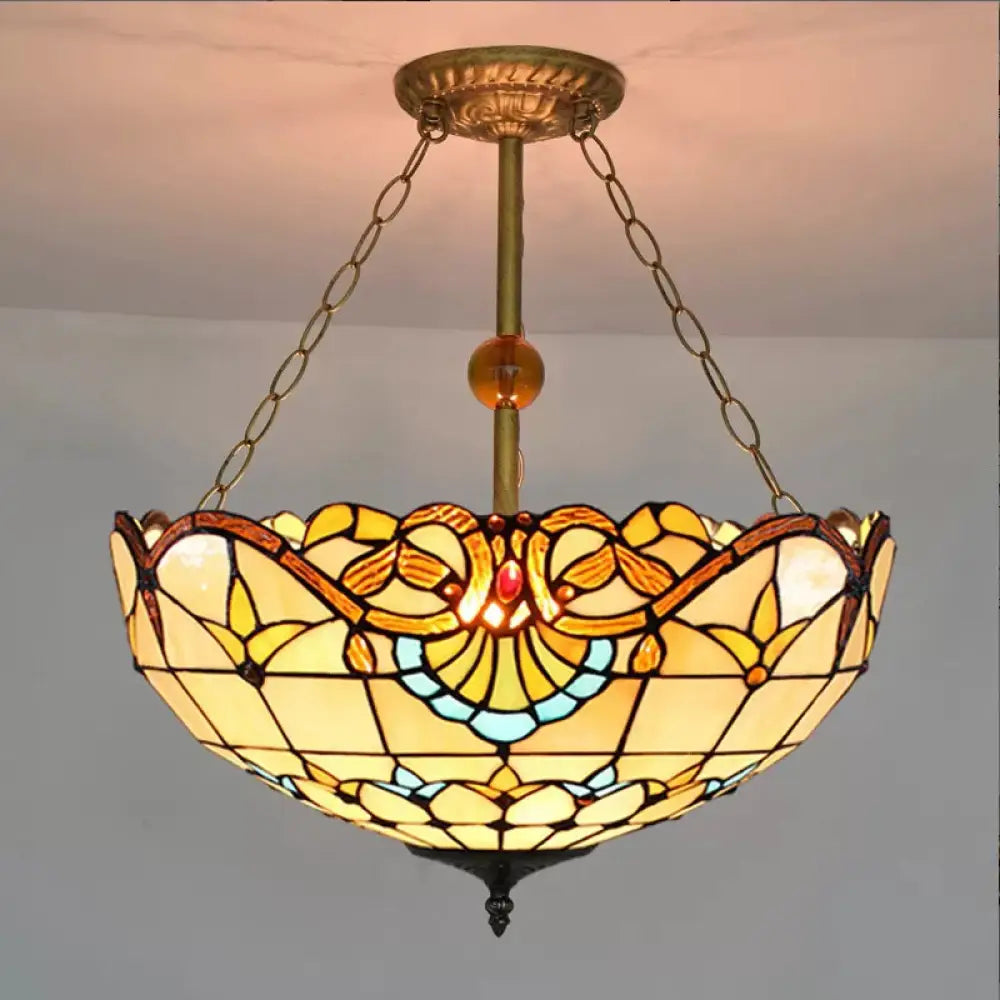 Victorian Style Upward Dome Led Ceiling Light With Stained Glass Shade For Bedroom Beige / 16’