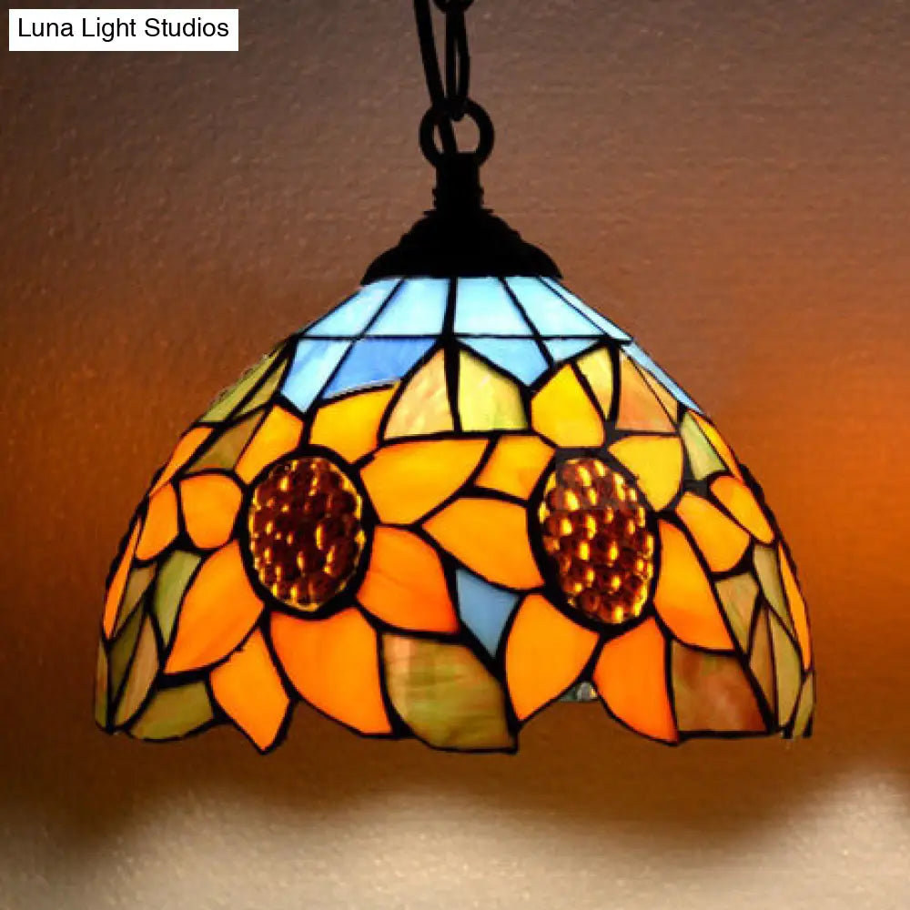 Victorian Sunflower Hanging Lamp - Orange Stained Glass 1 Bulb Suspension Light For Bedroom