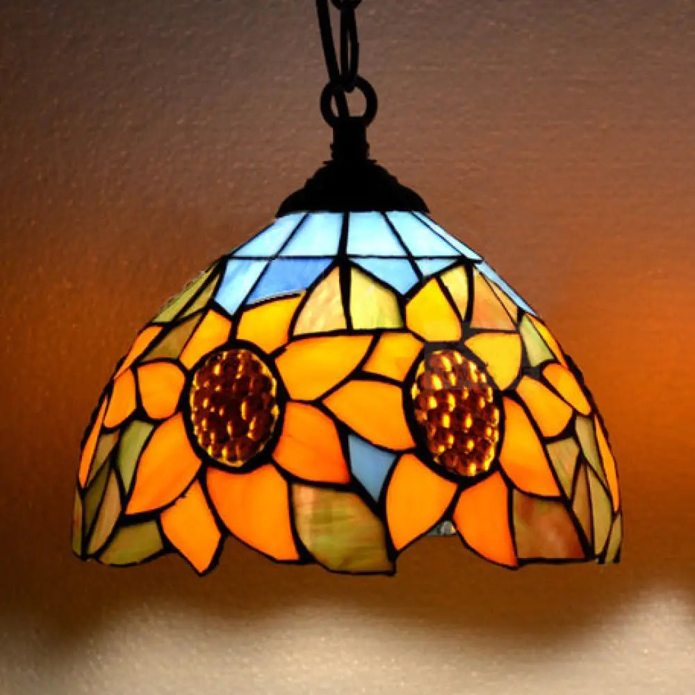 Victorian Sunflower Hanging Lamp With Stained Glass - Orange 1-Bulb Suspension Light For Bedroom