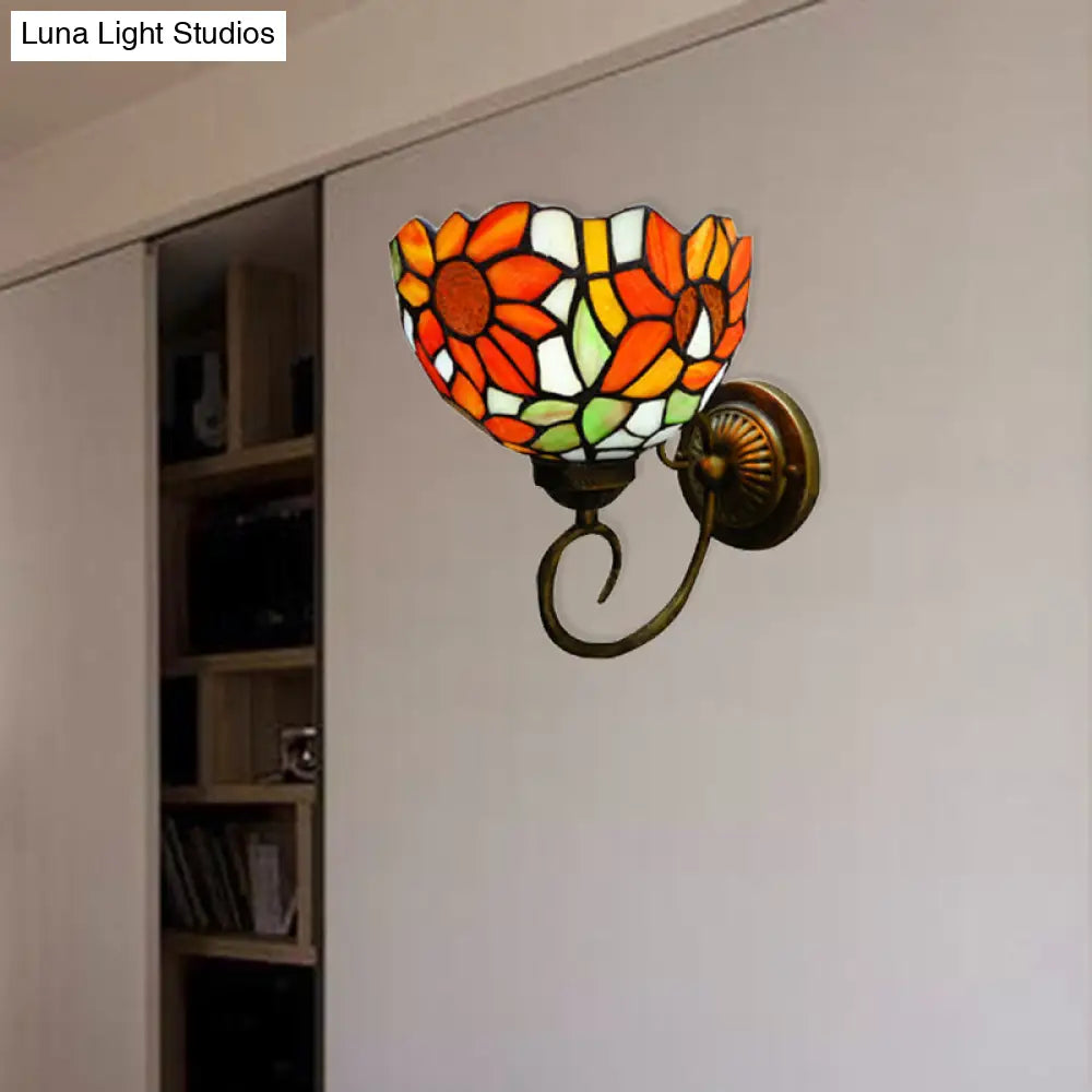 Victorian Sunflower Wall Mount Stained Glass Sconce Light - Orange