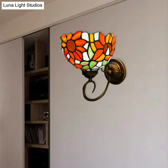 Victorian Sunflower Wall Mount Stained Glass Sconce Light - Orange