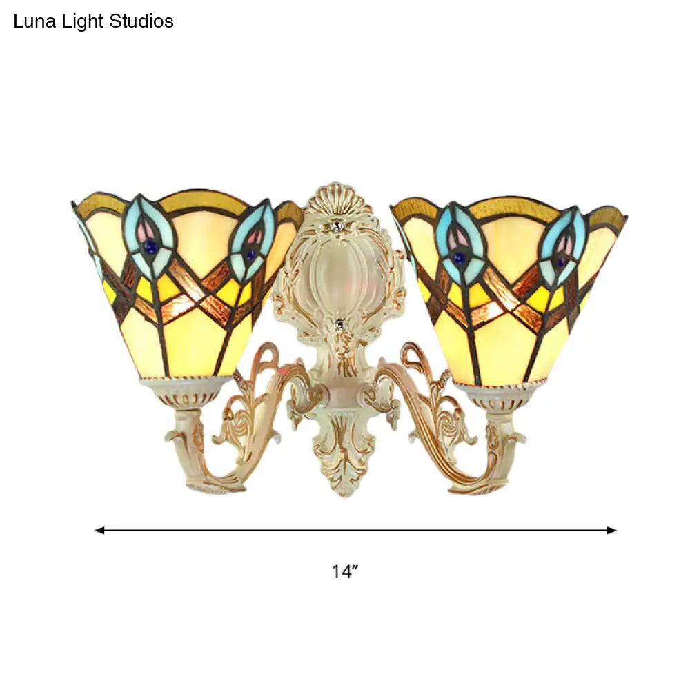 Victorian Tiffany Cone Gallery Wall Light With Carved Arm Stained Glass - Beige