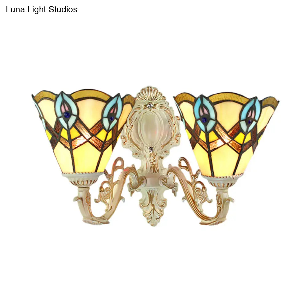 Victorian Tiffany Cone Gallery Wall Light With Carved Arm Stained Glass - Beige