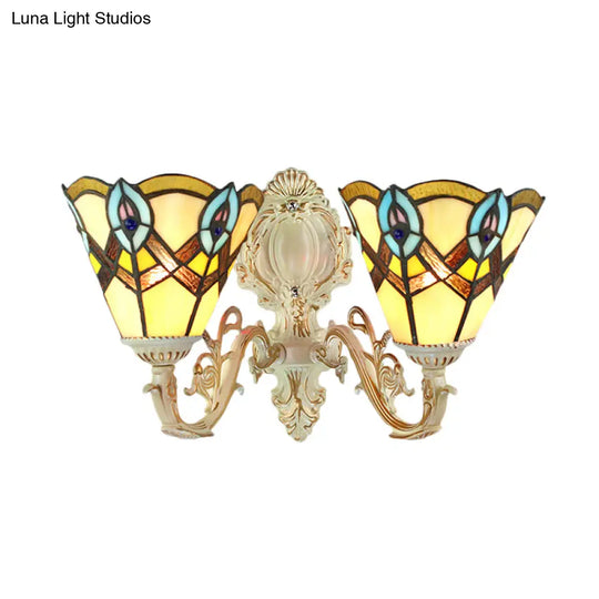 Victorian Tiffany Cone Gallery Wall Light With Carved Arm Stained Glass - Beige