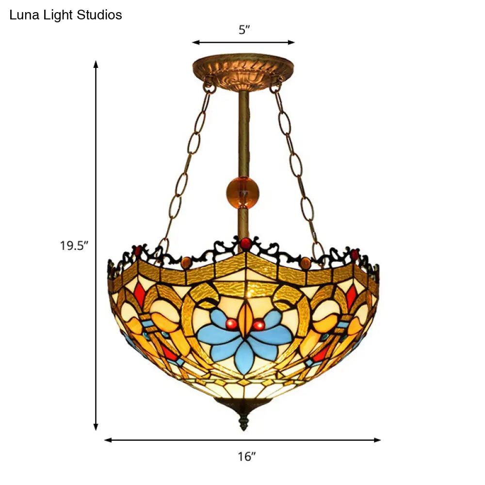 Tiffany Ceiling Lamp With Victorian Design - Yellow Glass Bowl Semi Flush For Restaurants