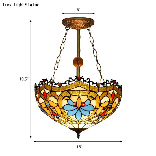 Tiffany Ceiling Lamp With Victorian Design - Yellow Glass Bowl Semi Flush For Restaurants