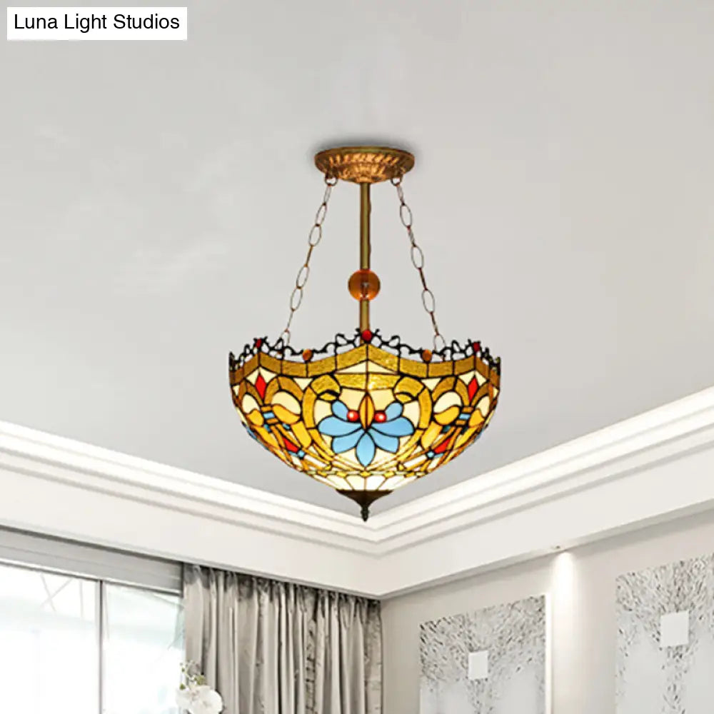 Tiffany Ceiling Lamp With Victorian Design - Yellow Glass Bowl Semi Flush For Restaurants