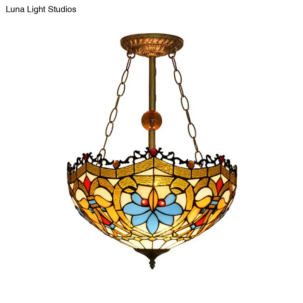 Victorian Tiffany Glass Bowl Ceiling Light - Yellow Semi Flush Lamp For Restaurants
