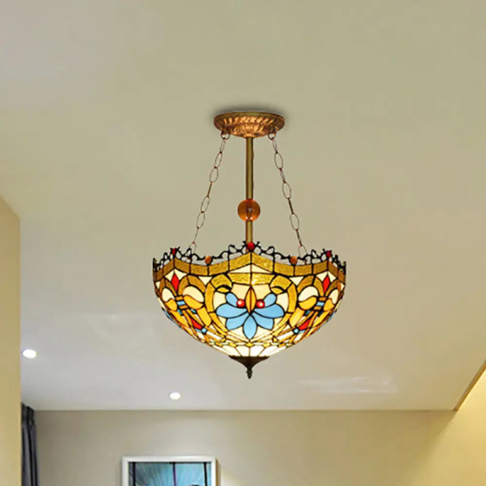 Victorian Tiffany Glass Bowl Ceiling Light - Yellow Semi Flush Lamp For Restaurants
