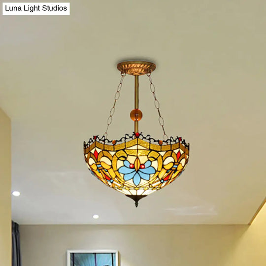 Tiffany Ceiling Lamp With Victorian Design - Yellow Glass Bowl Semi Flush For Restaurants