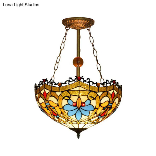 Tiffany Ceiling Lamp With Victorian Design - Yellow Glass Bowl Semi Flush For Restaurants