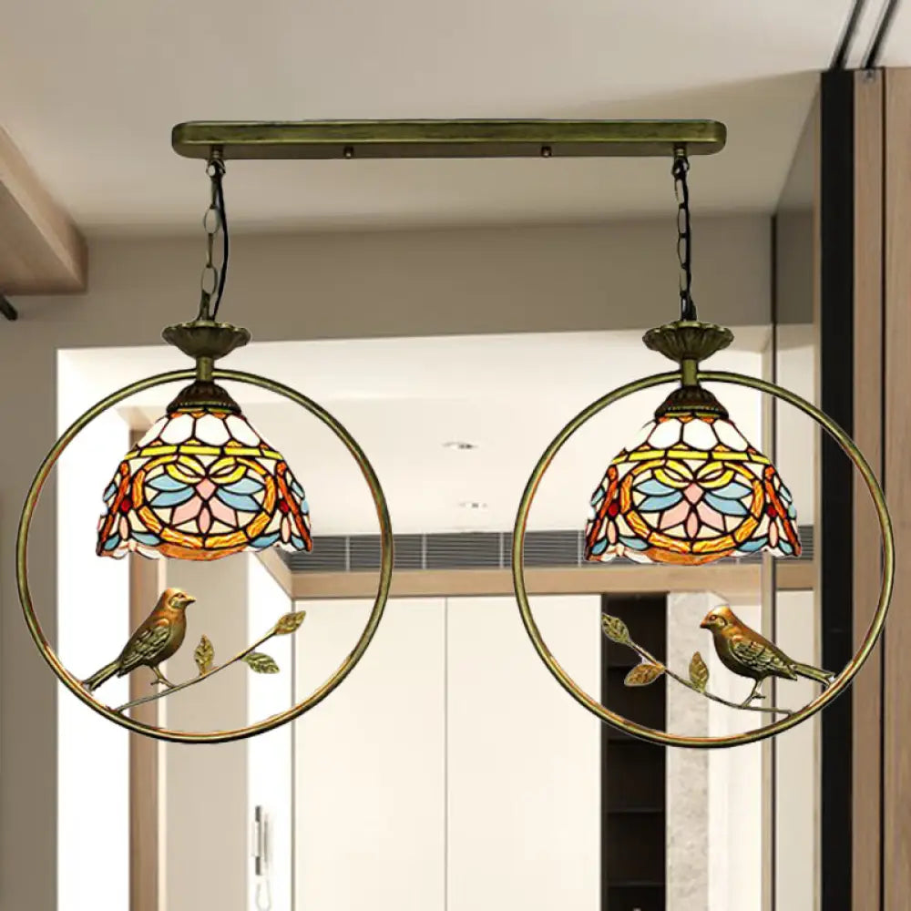 Victorian Tiffany Stained Glass Pendant Light Set With 2 Lights For Cloth Shop Antique Bronze
