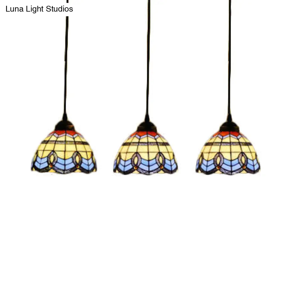 Victorian Tiffany Stained Glass Pendant Light With 3-Bulb Suspension - Blue For Living Room