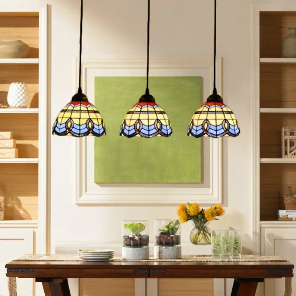 Victorian Tiffany Stained Glass Pendant Light With 3-Bulb Suspension - Blue For Living Room Black /