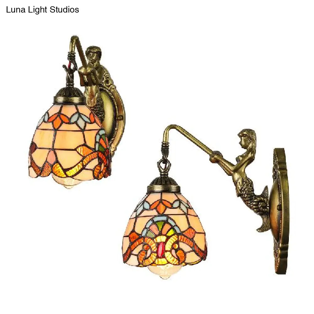 Victorian Tiffany Stained Glass Sconce Lighting With Mermaid - Bell Wall Light