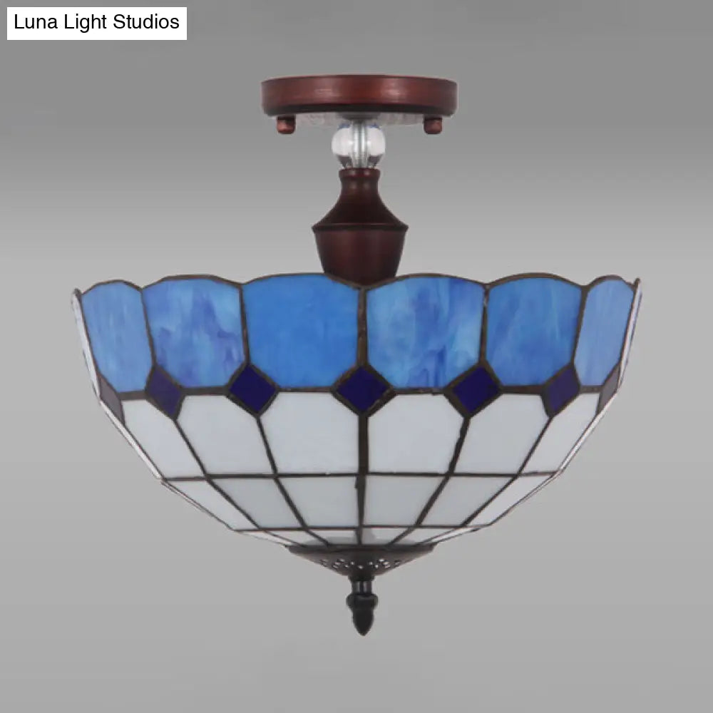 Semi Flushmount Victorian Tiffany Stained Glass Light - 12/16 Bowl In Blue/Blue-White/Green-Yellow