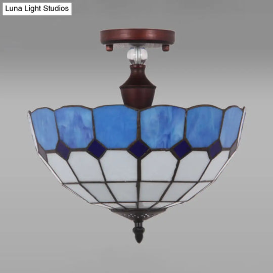 Semi Flushmount Victorian Tiffany Stained Glass Light - 12/16 Bowl In Blue/Blue-White/Green-Yellow