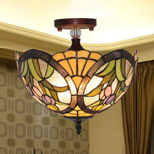 Victorian Tiffany Stained Glass Semi Flush Light - 12’/16’ W Bowl Flushmount Blue/Blue -