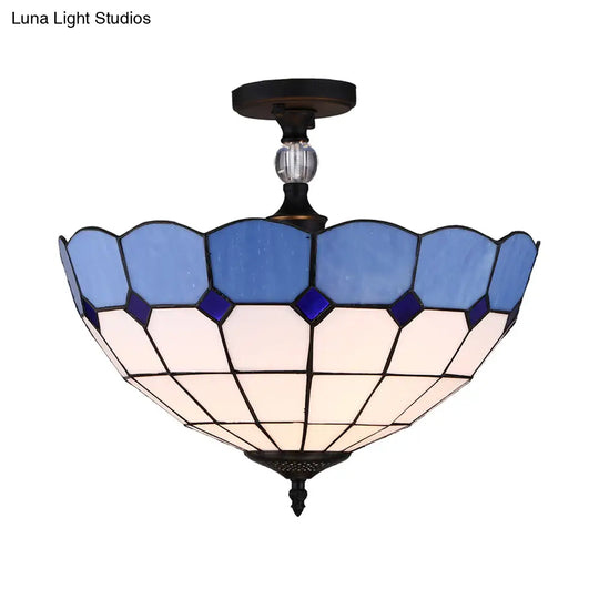 Victorian Tiffany Stained Glass Semi Flush Light - 12’/16’ W Bowl Flushmount Blue/Blue -