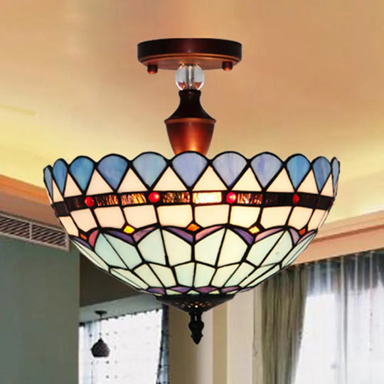 Victorian Tiffany Stained Glass Semi Flush Light - 12’/16’ W Bowl Flushmount Blue/Blue -