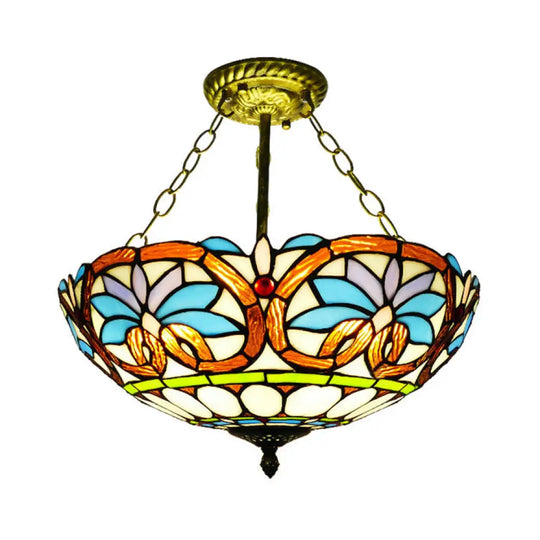 Victorian Tiffany Style Ceiling Fixture - 12’/16’ Wide Bowl Design Light Orange-Blue / 16’