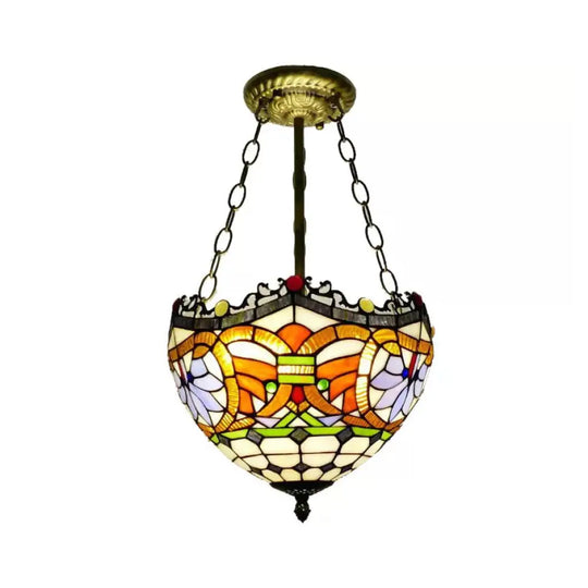 Victorian Tiffany Style Ceiling Fixture - 12’/16’ Wide Bowl Design Light Orange-Purple / 12’