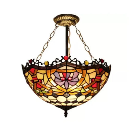 Victorian Tiffany Style Ceiling Fixture - 12’/16’ Wide Bowl Design Light Red / 16’