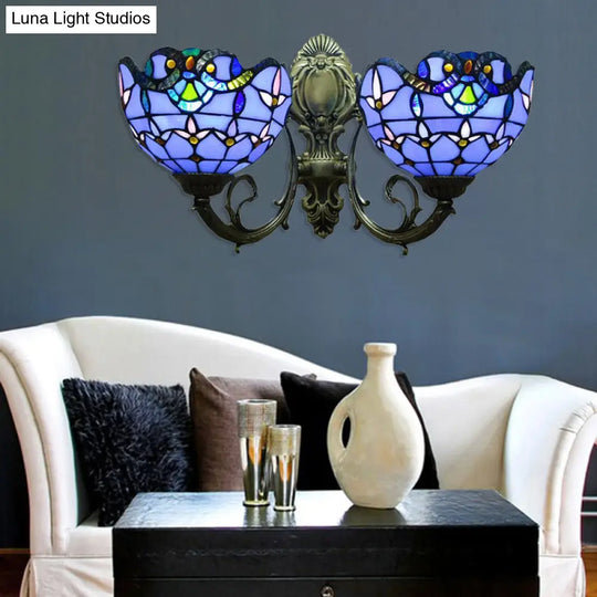 Village Stained Glass Tulip Wall Sconce With Curved Arm - Blue Bowl Shade 2 Lights