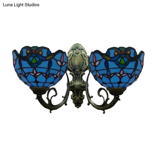 Village Stained Glass Tulip Wall Sconce With Curved Arm - Blue Bowl Shade 2 Lights