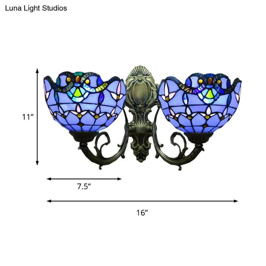 Village Stained Glass Tulip Wall Sconce With Curved Arm - Blue Bowl Shade 2 Lights