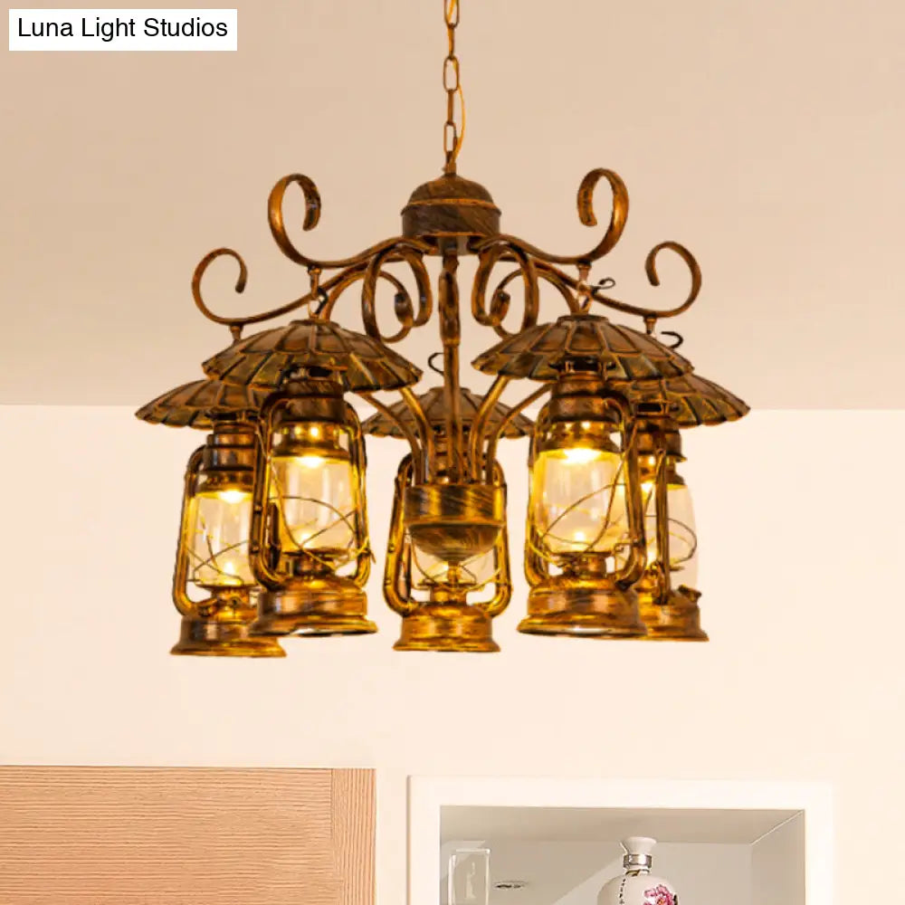 Village Style 5-Light Aged Brass Lantern Chandelier For Dining Room