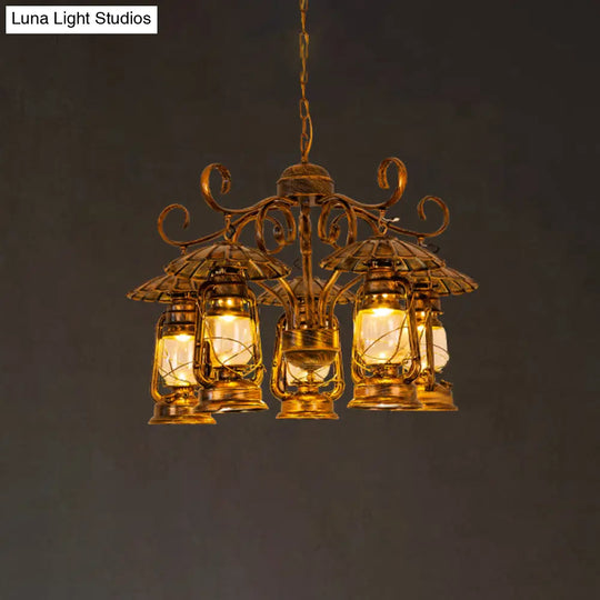 Village Style 5-Light Aged Brass Lantern Chandelier For Dining Room